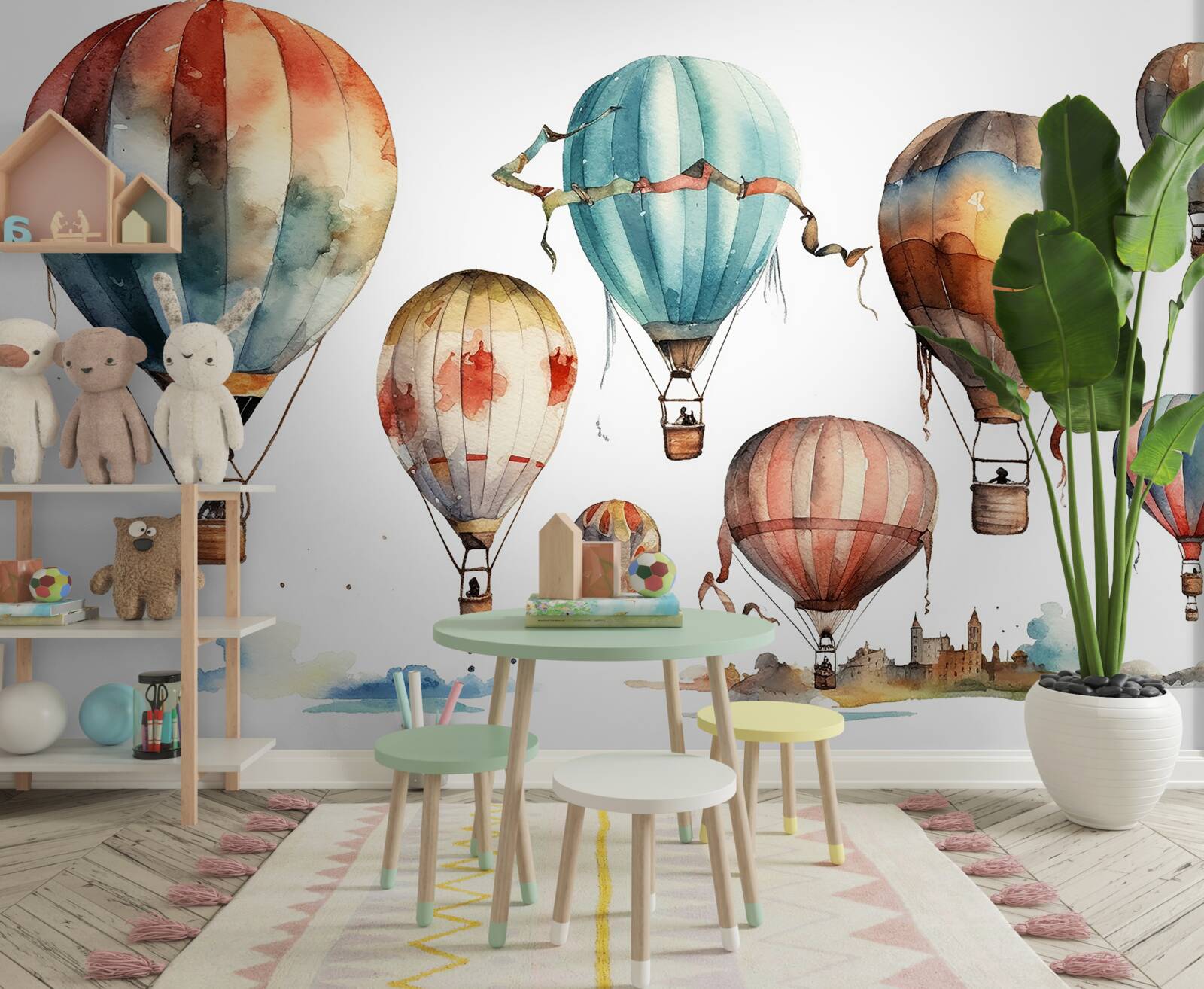 Fotobehang een heteluchtballonnenshow boven de stad