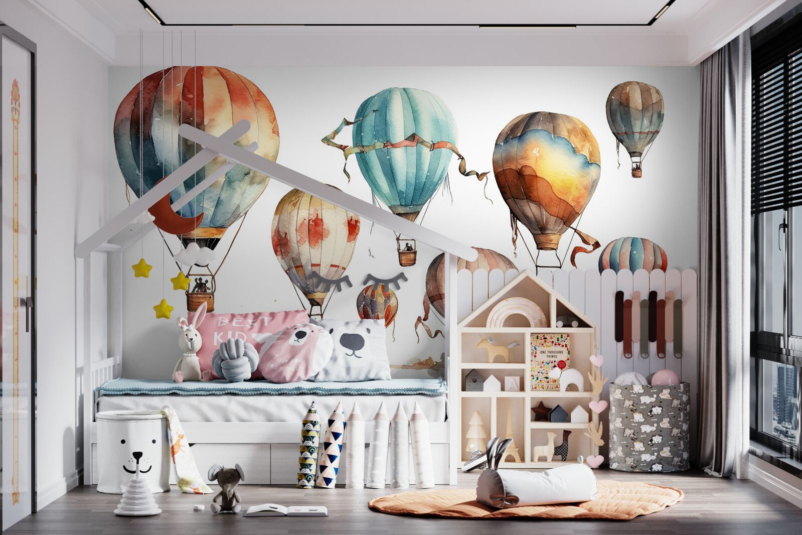 Fotobehang een heteluchtballonnenshow boven de stad