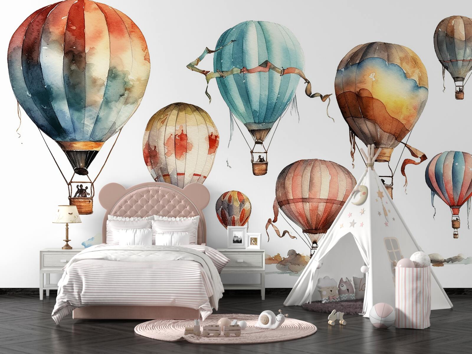 Fotobehang een heteluchtballonnenshow boven de stad