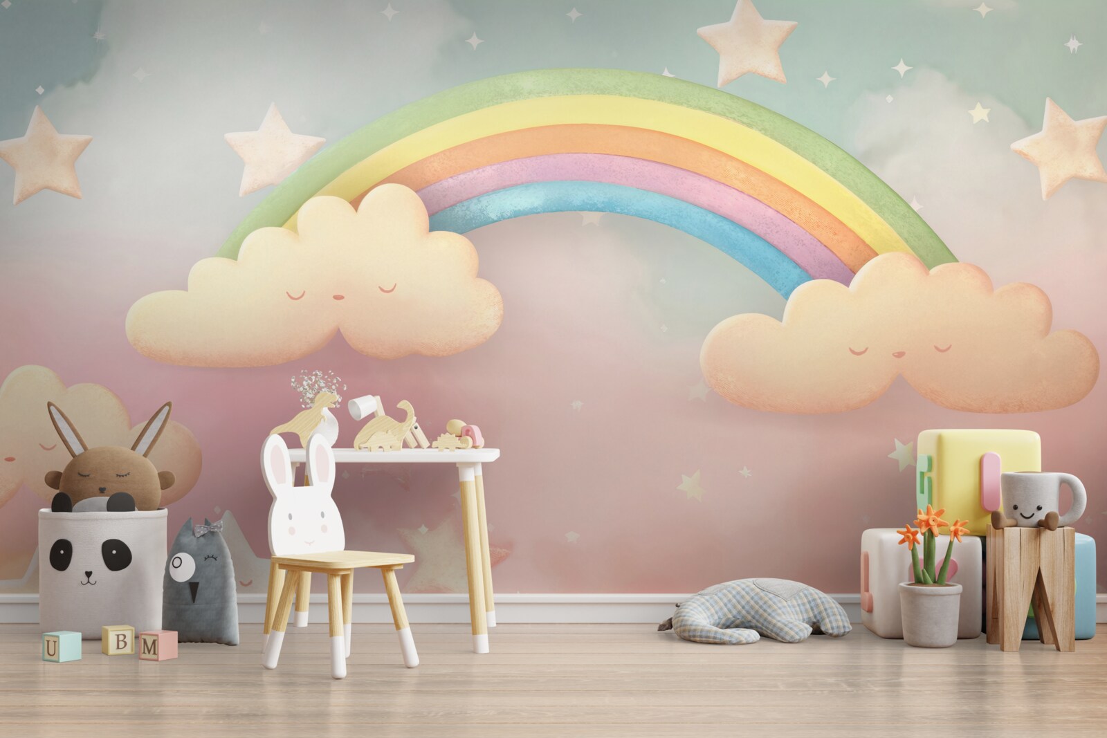 Fotobehang een enorme regenboog in een sterrenhemel