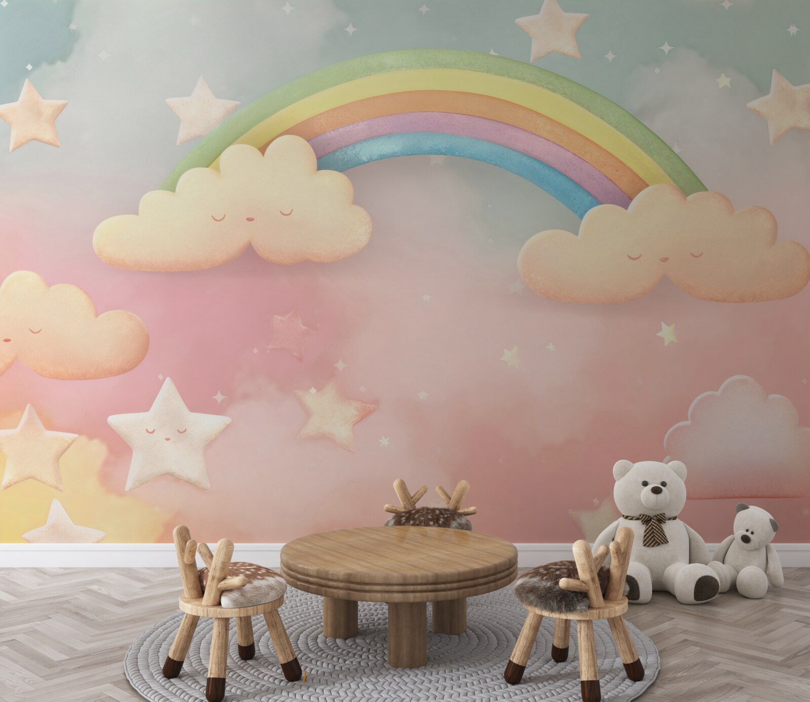 Fotobehang een enorme regenboog in een sterrenhemel