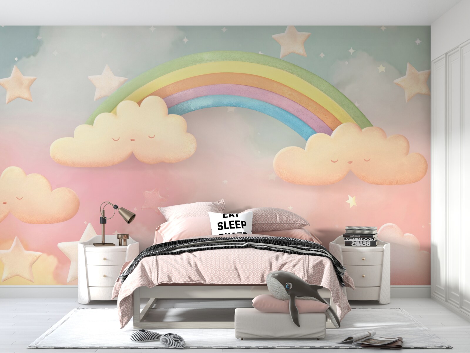 Fotobehang een enorme regenboog in een sterrenhemel