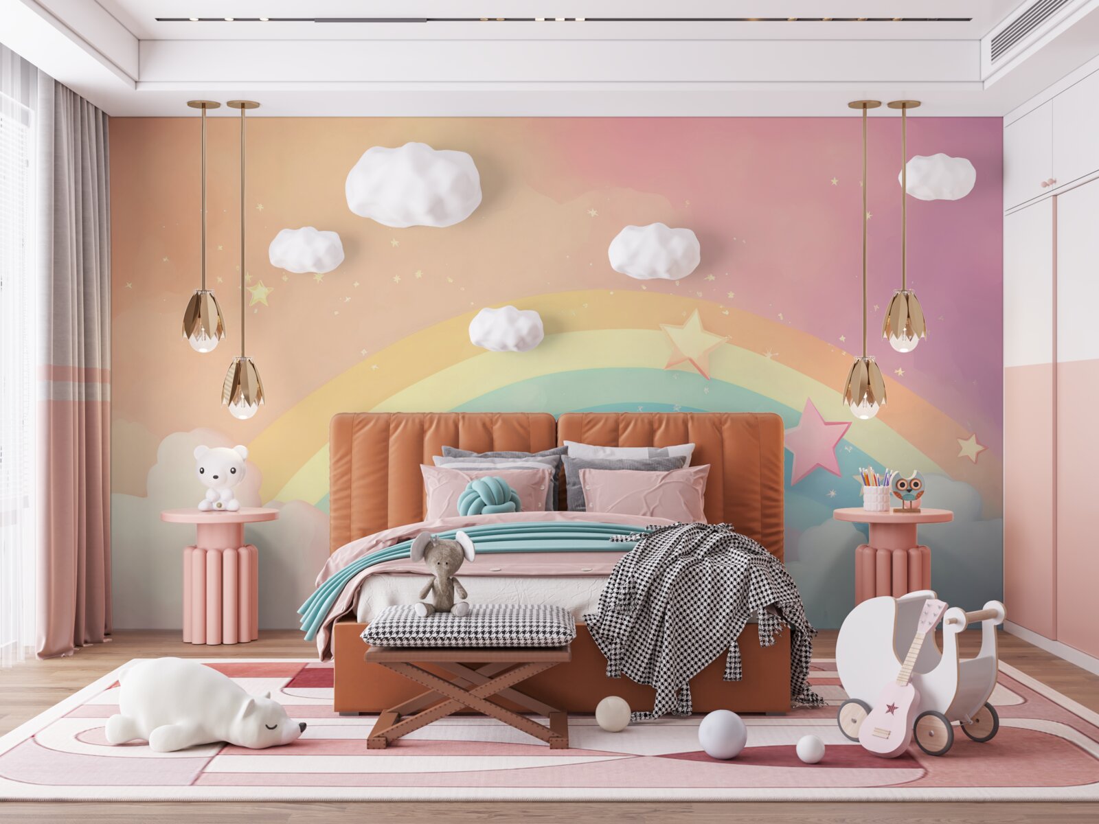 Fotobehang een regenboog glinsterend tussen de wolken