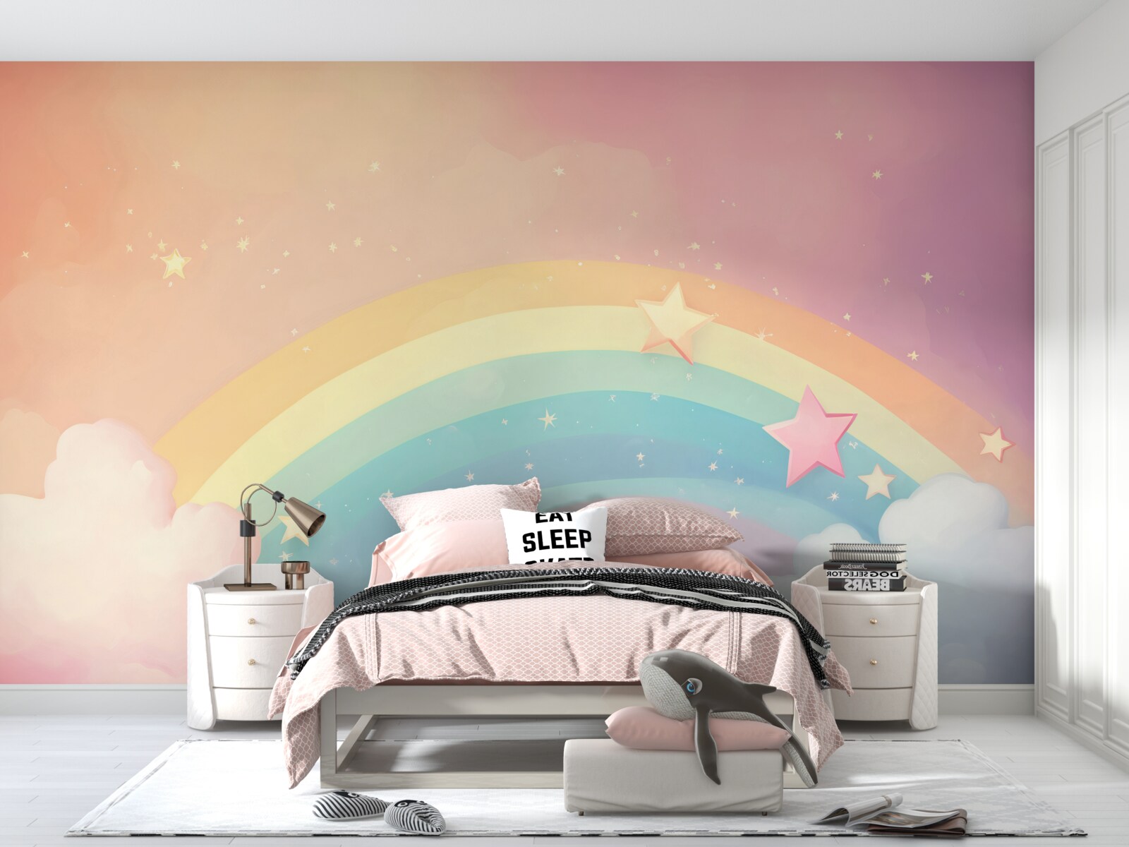 Fotobehang een regenboog glinsterend tussen de wolken