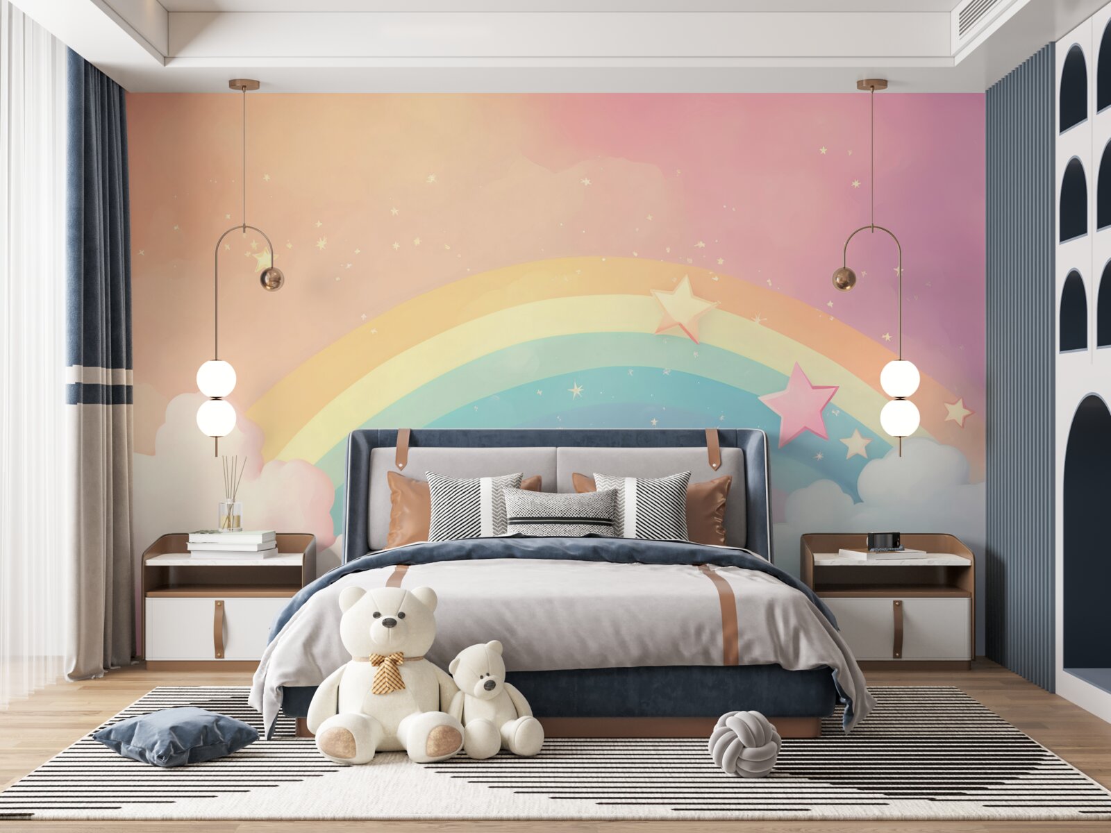 Fotobehang een regenboog glinsterend tussen de wolken