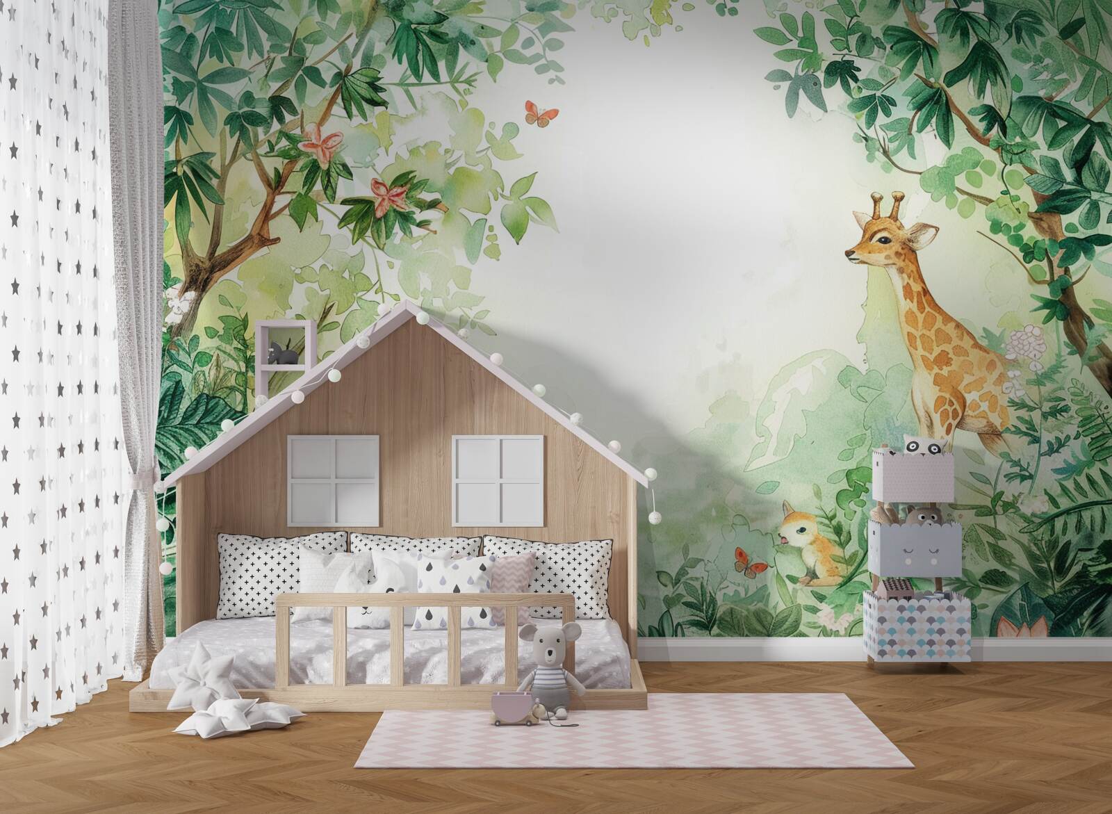 Fotobehang Giraffe en hert staan tegenover elkaar