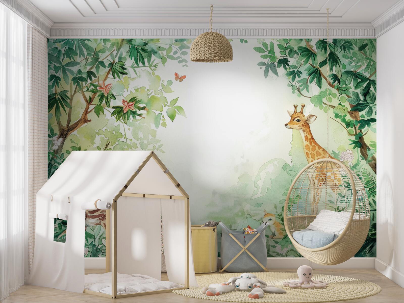 Fotobehang Giraffe en hert staan tegenover elkaar