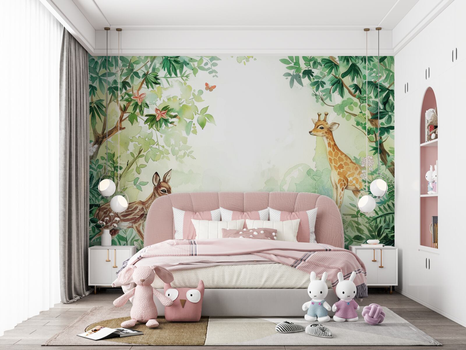 Fotobehang Giraffe en hert staan tegenover elkaar