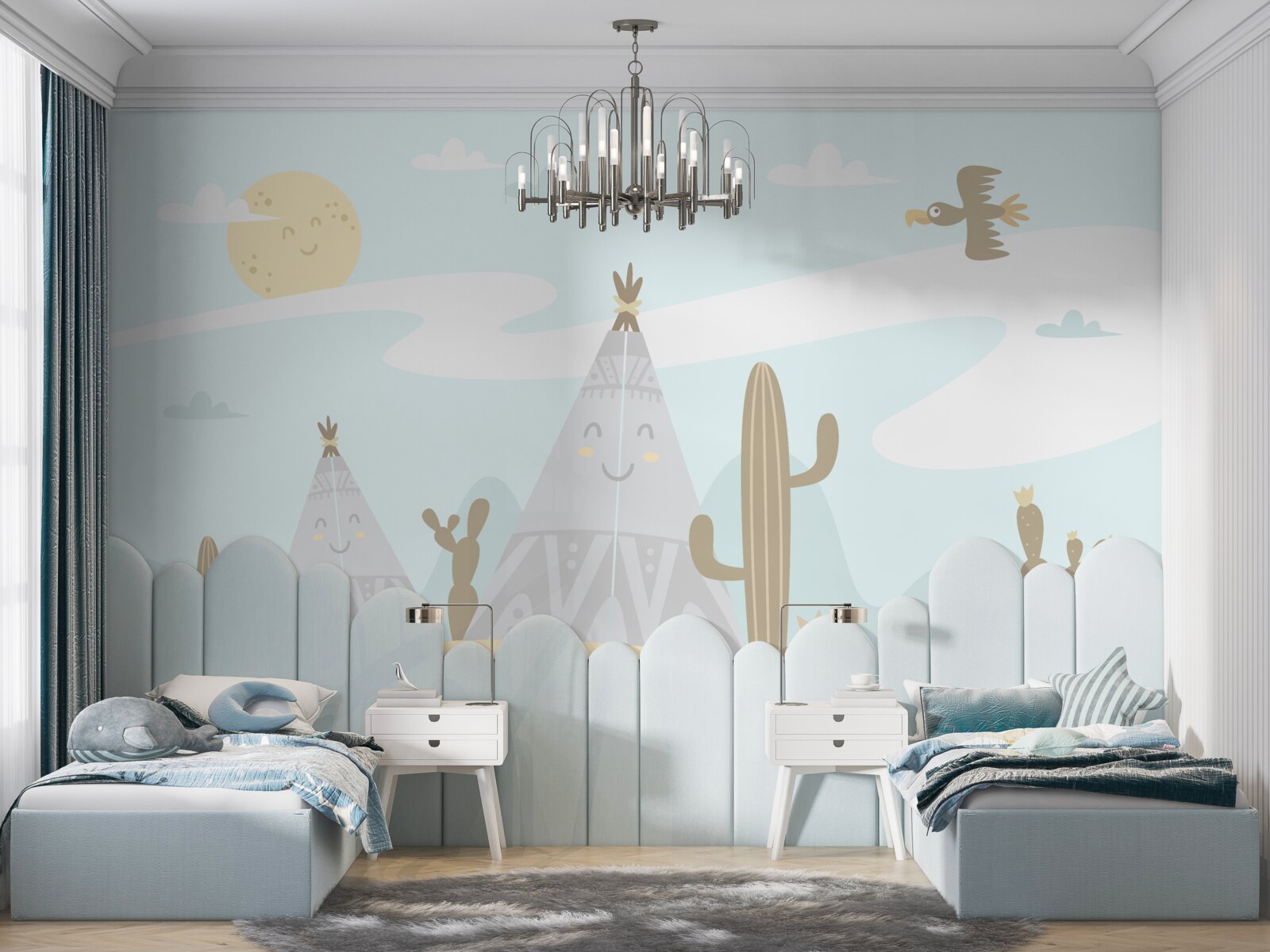 Fotobehang tenten tussen cactussen in de woestijn