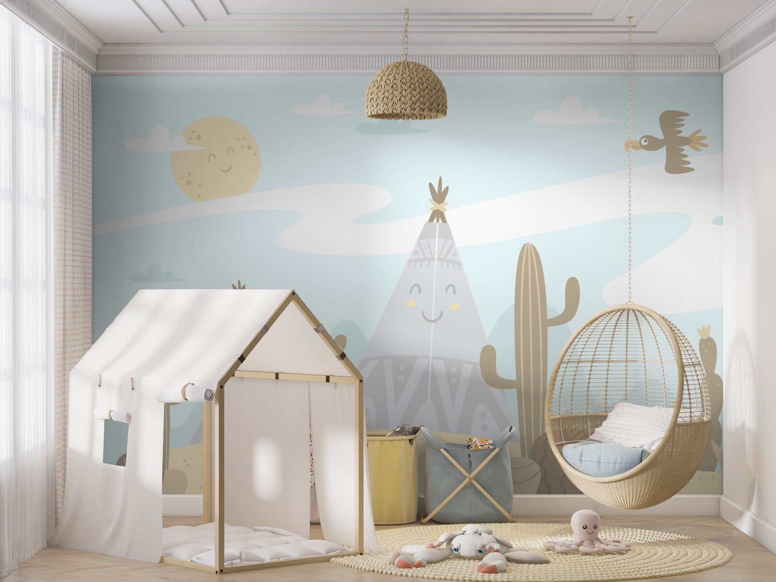 Fotobehang tenten tussen cactussen in de woestijn