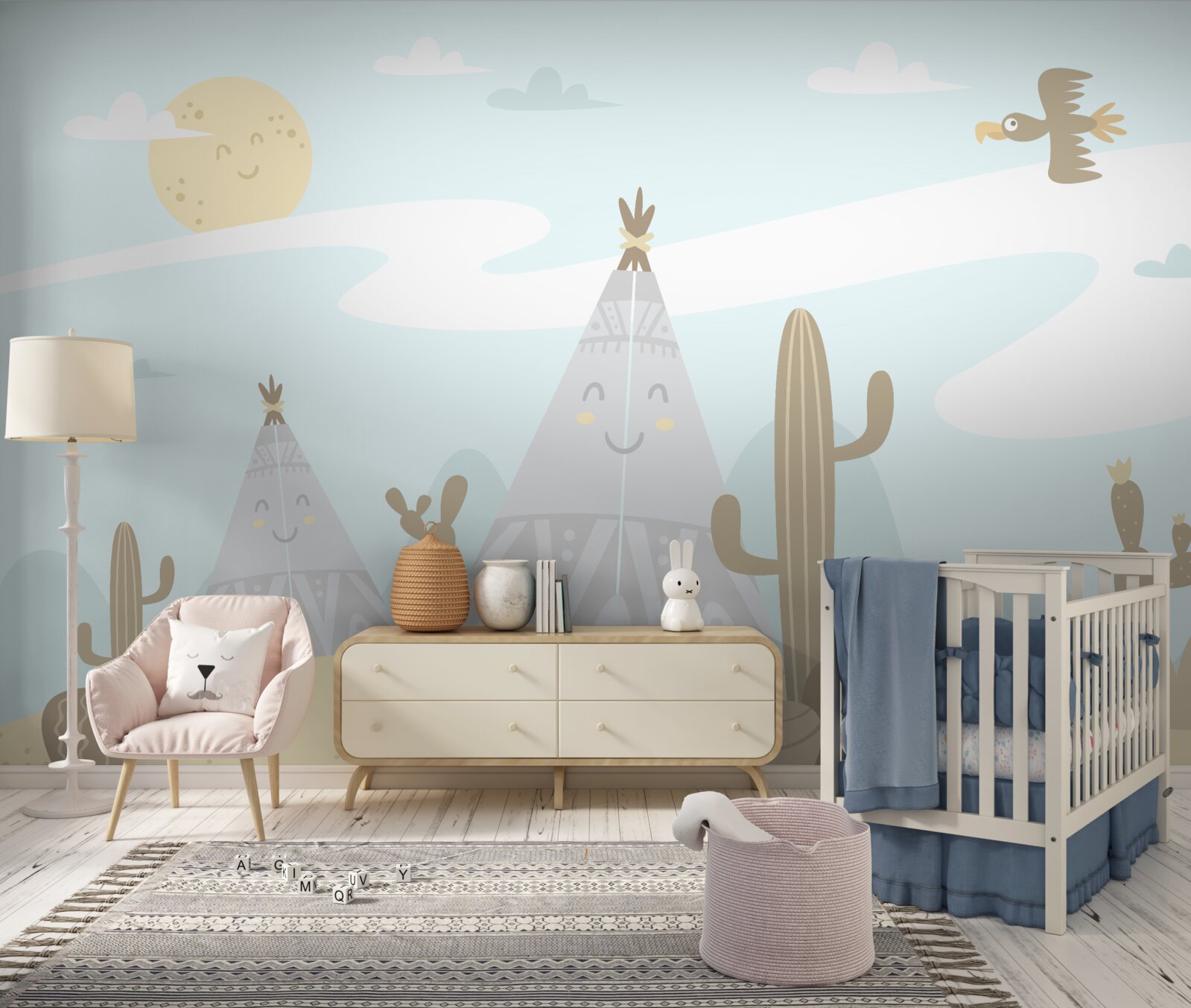 Fotobehang tenten tussen cactussen in de woestijn