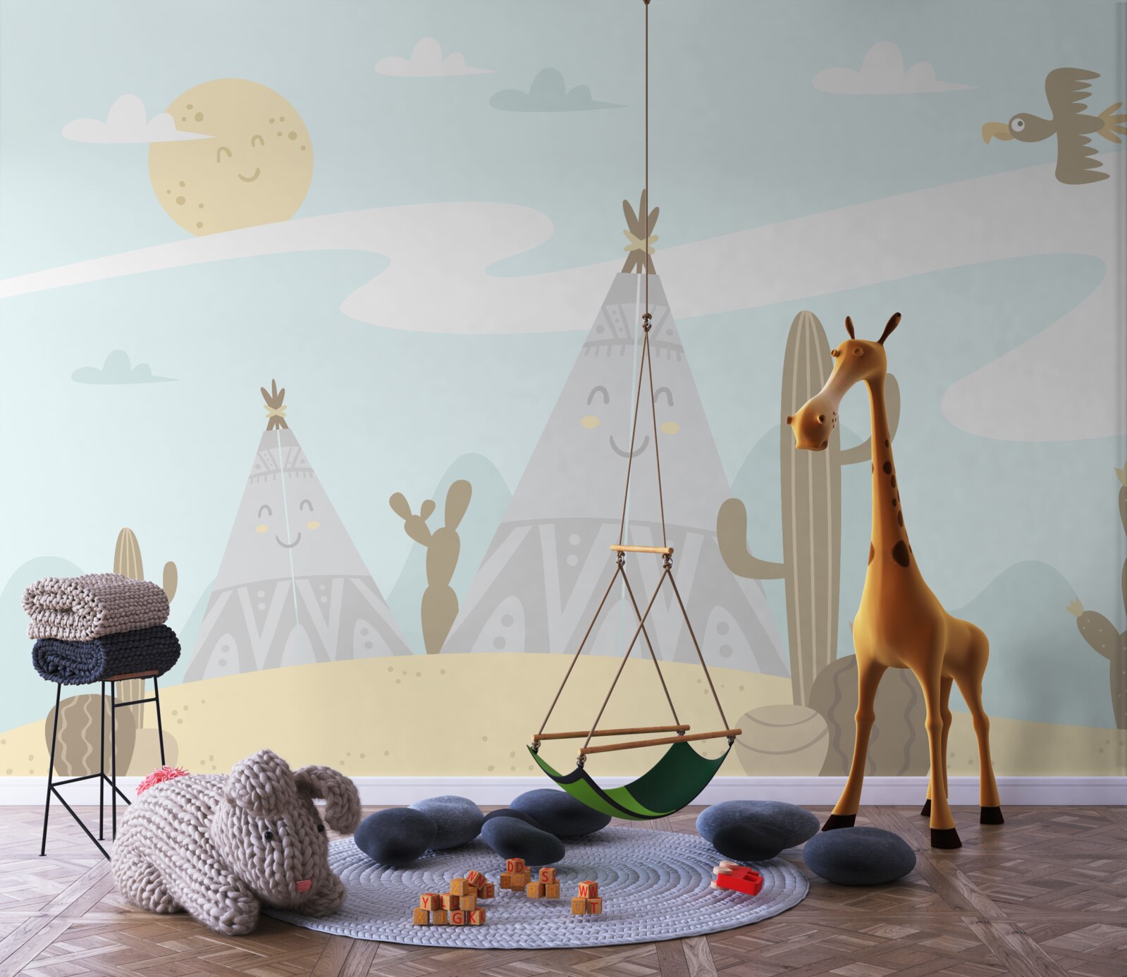 Fotobehang tenten tussen cactussen in de woestijn