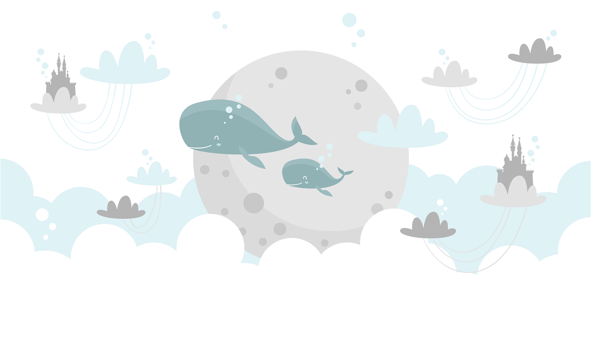 Fotobehang een familie walvissen zwemt door de wolken