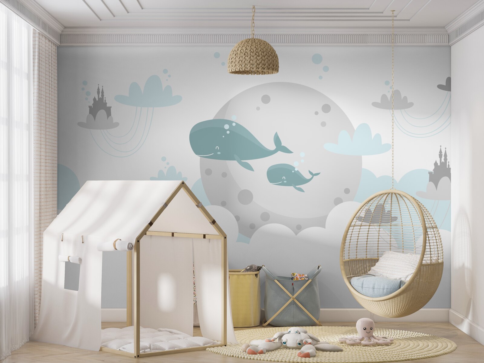 Fotobehang een familie walvissen zwemt door de wolken