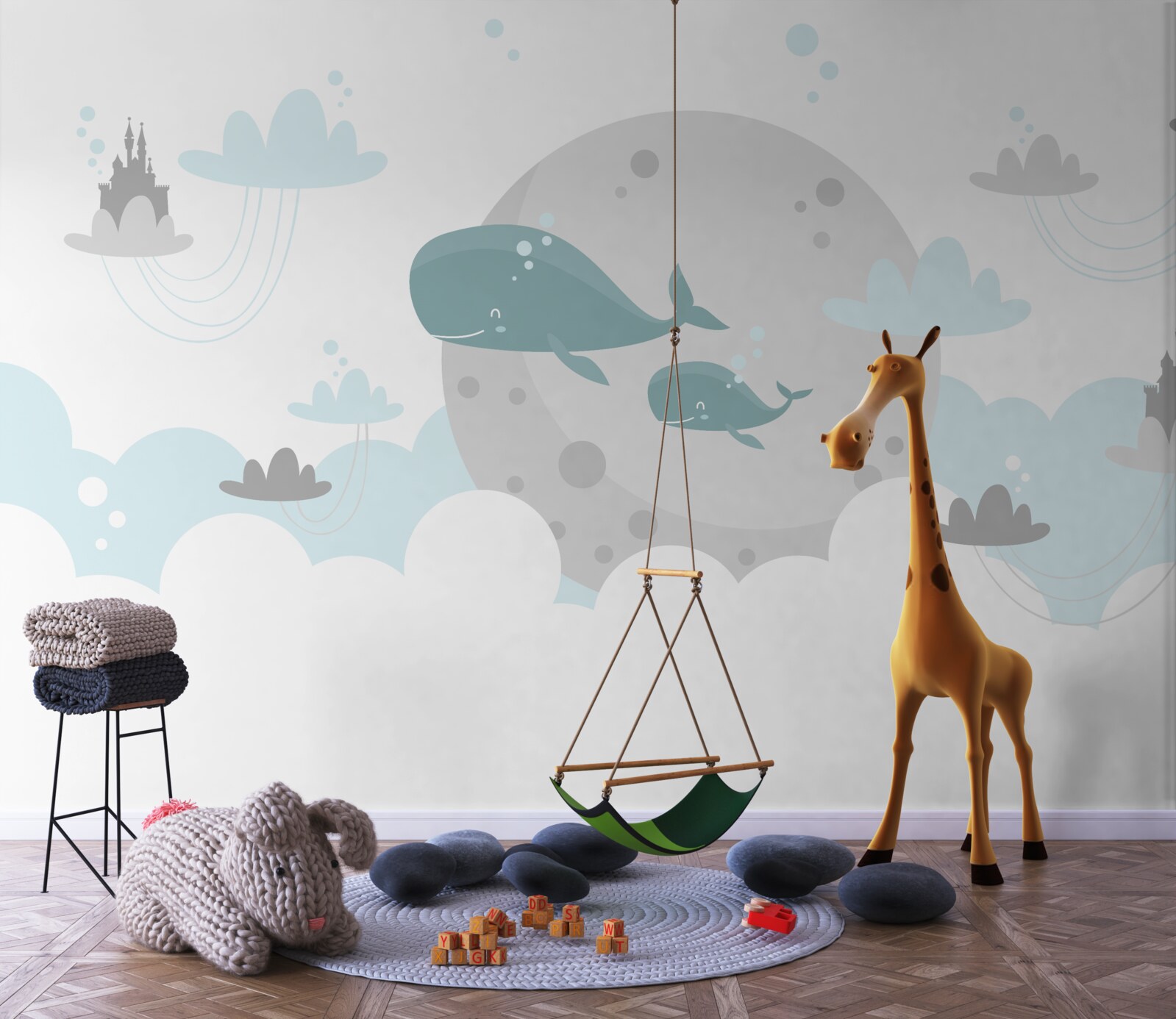 Fotobehang een familie walvissen zwemt door de wolken