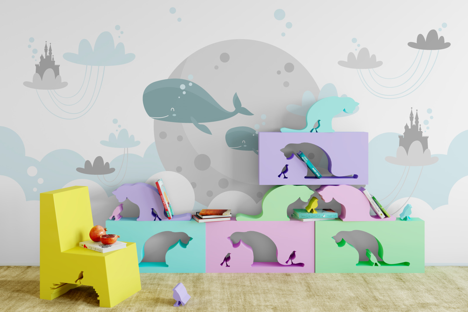 Fotobehang een familie walvissen zwemt door de wolken