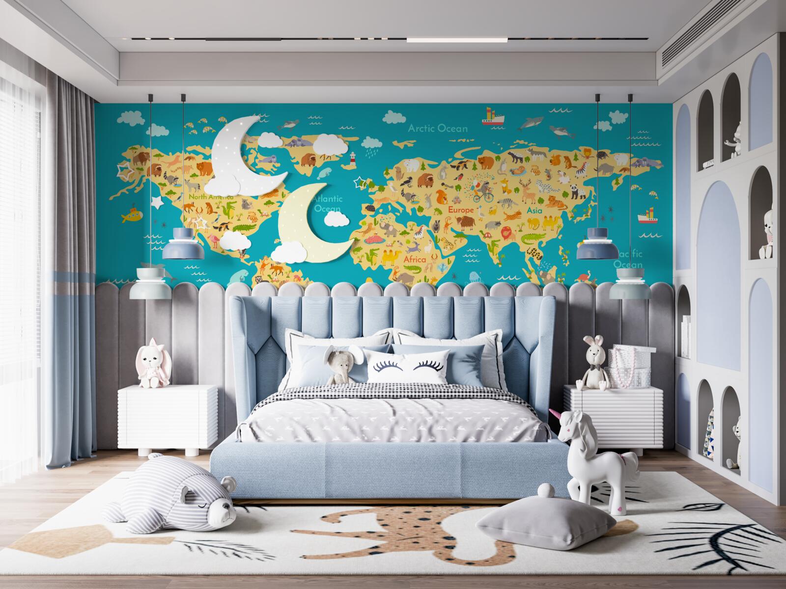 Fotobehang wereldkaart met foto's van fauna en lokale bewoners