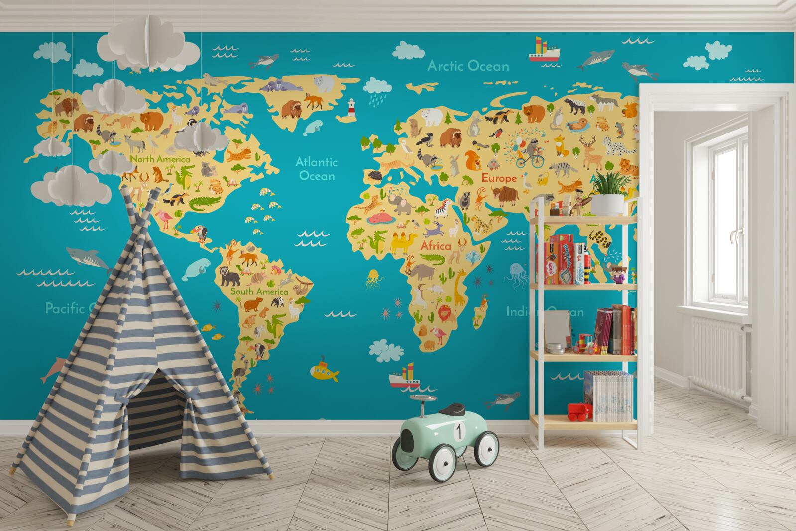 Fotobehang wereldkaart met foto's van fauna en lokale bewoners