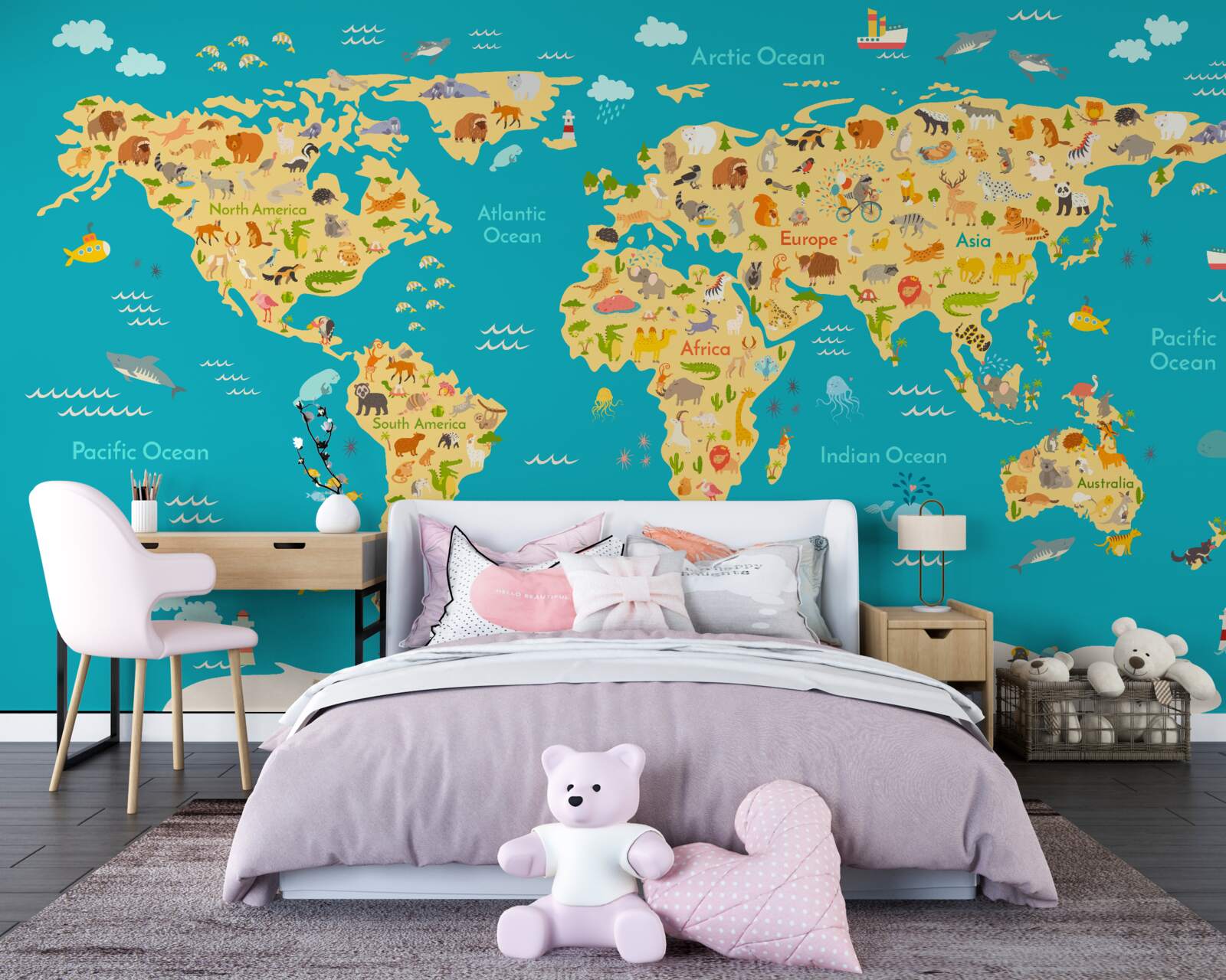 Fotobehang wereldkaart met foto's van fauna en lokale bewoners