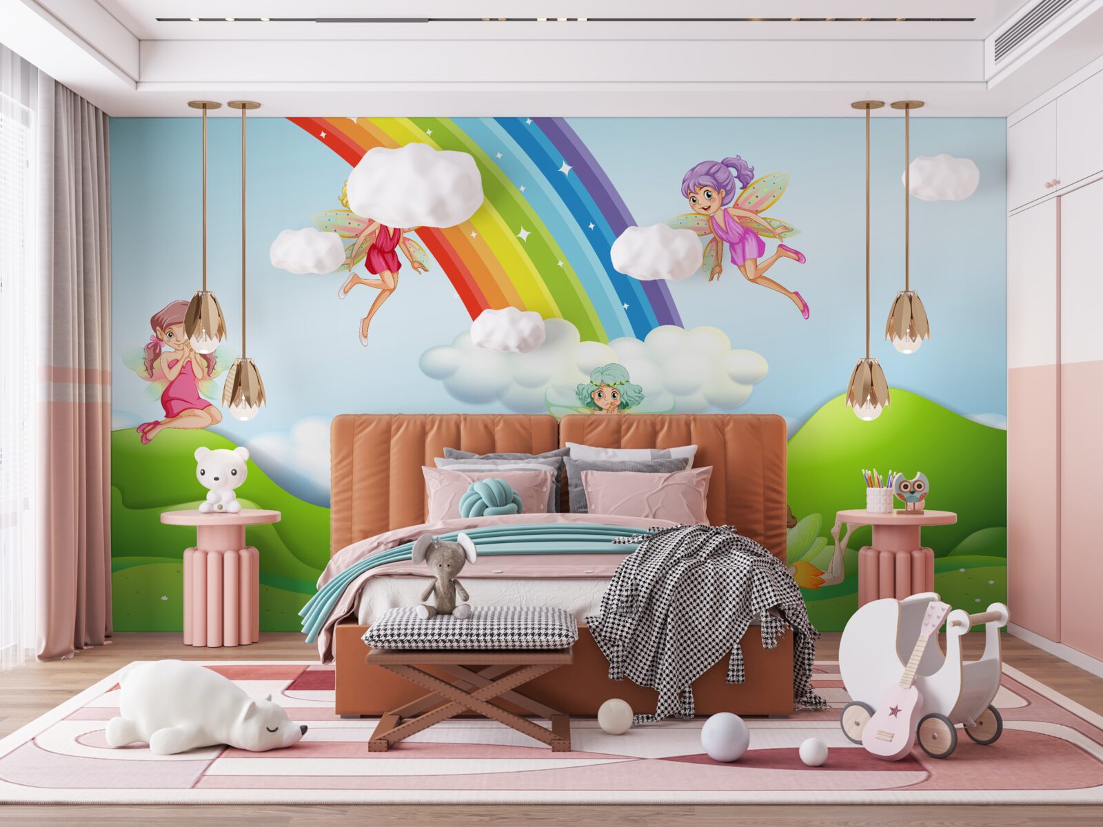 Fotobehang feeën verheugen zich bij het zien van een regenboog