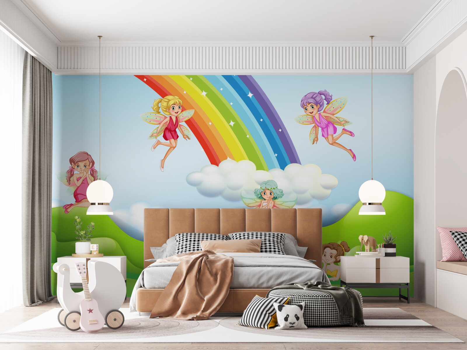 Fotobehang feeën verheugen zich bij het zien van een regenboog