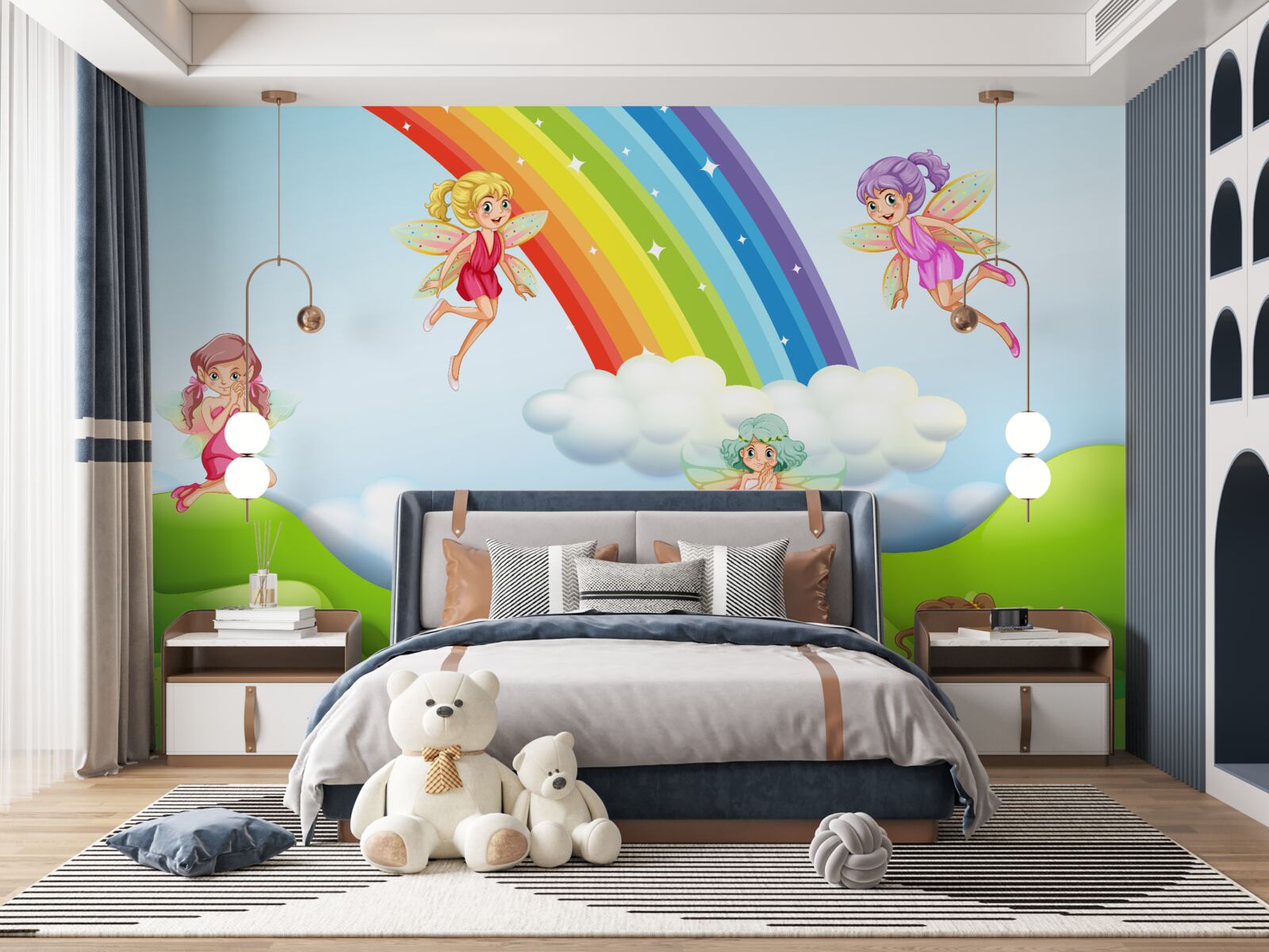 Fotobehang feeën verheugen zich bij het zien van een regenboog