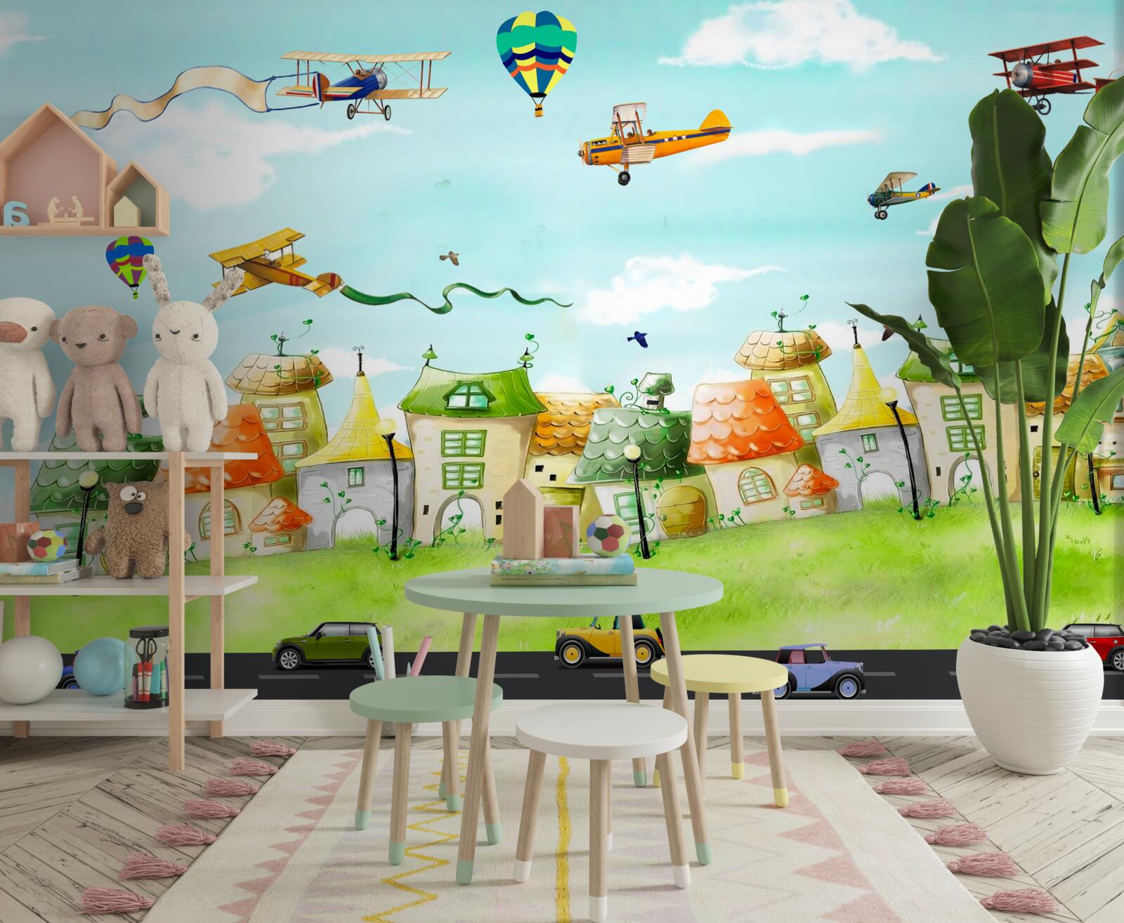 Fotobehang auto's op de snelweg en vliegtuigen