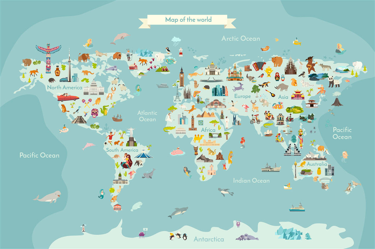 Fotobehang wereldkaart met gemarkeerde oriëntatiepunten