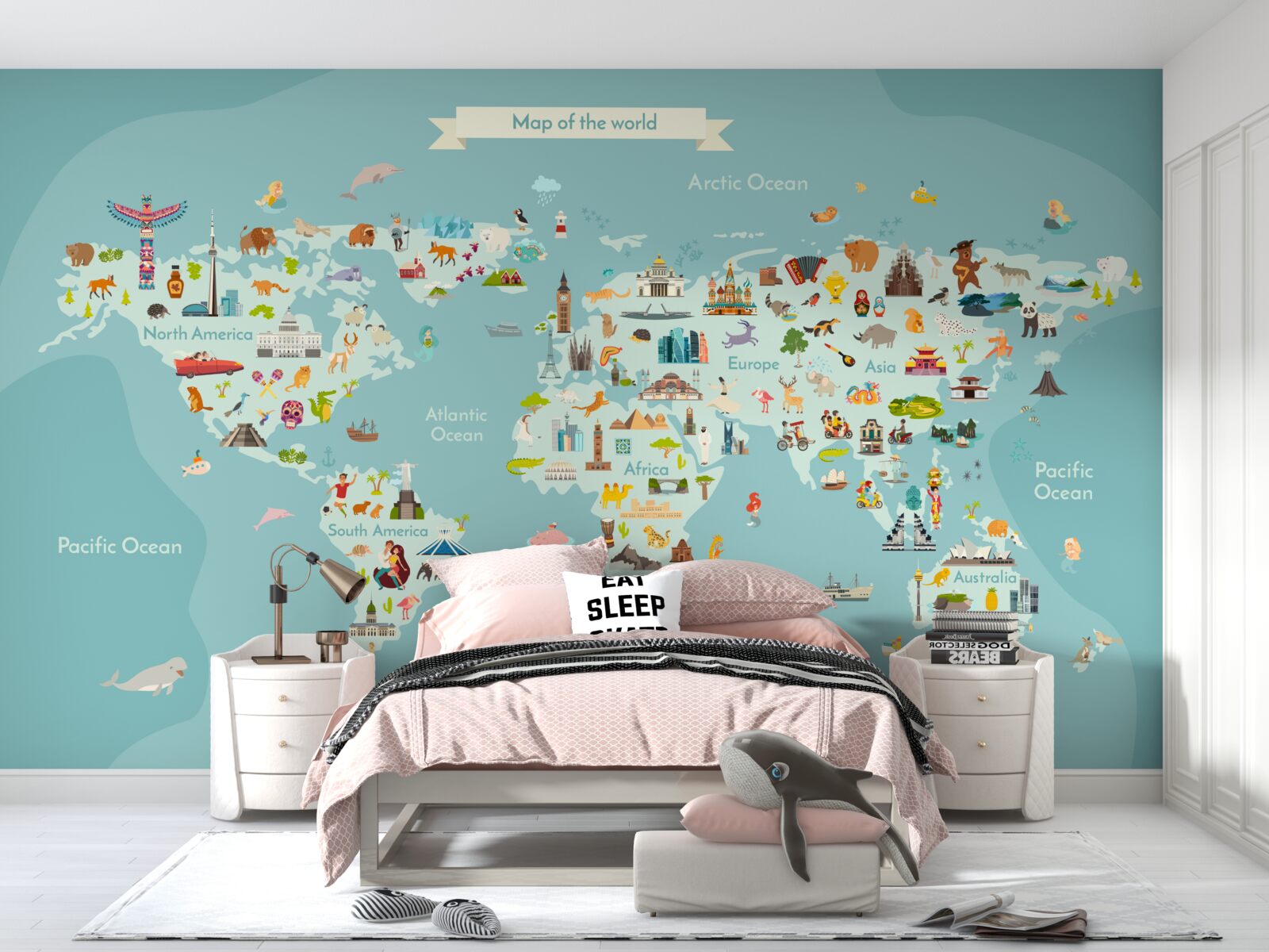 Fotobehang wereldkaart met gemarkeerde oriëntatiepunten