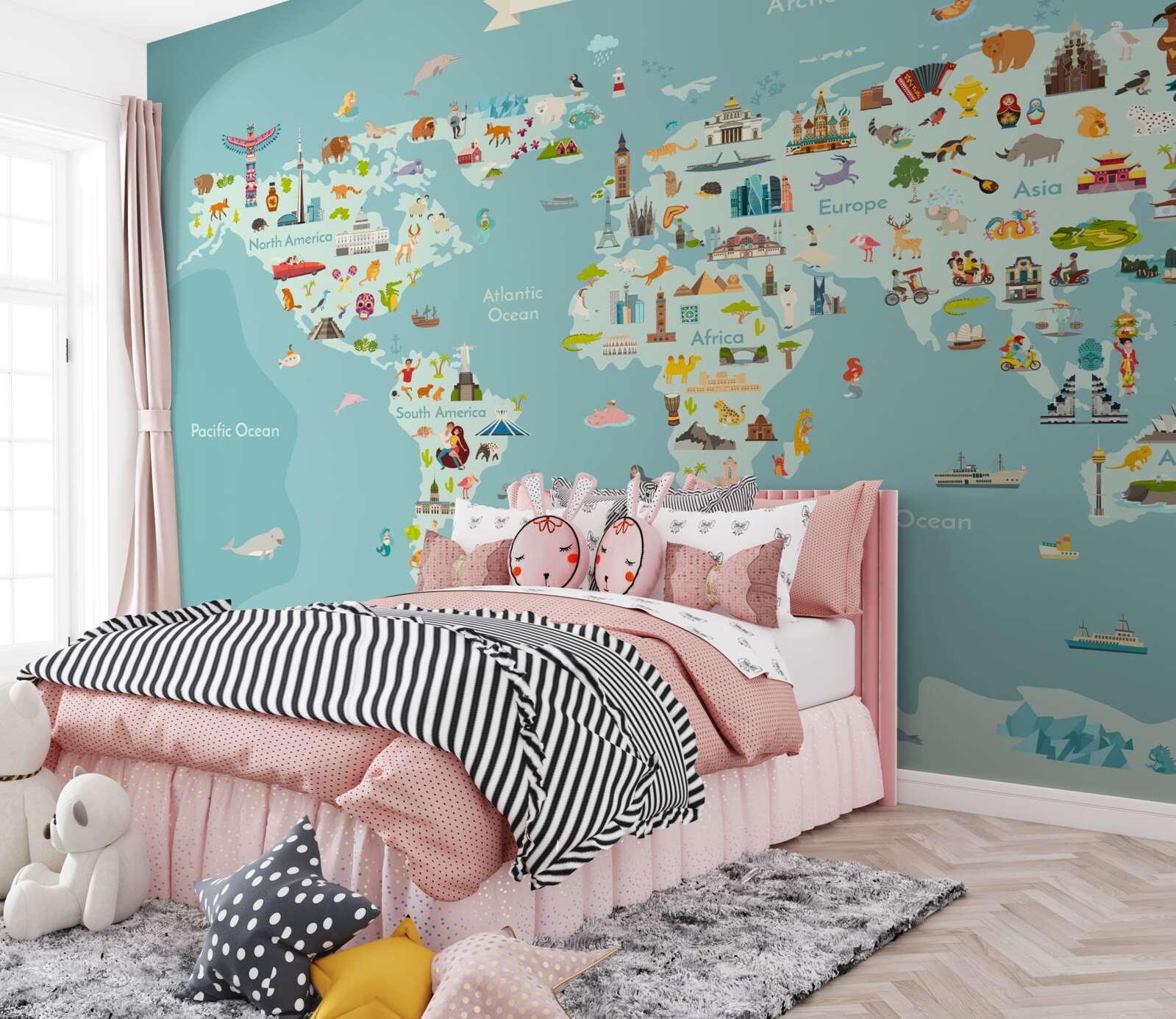 Fotobehang wereldkaart met gemarkeerde oriëntatiepunten