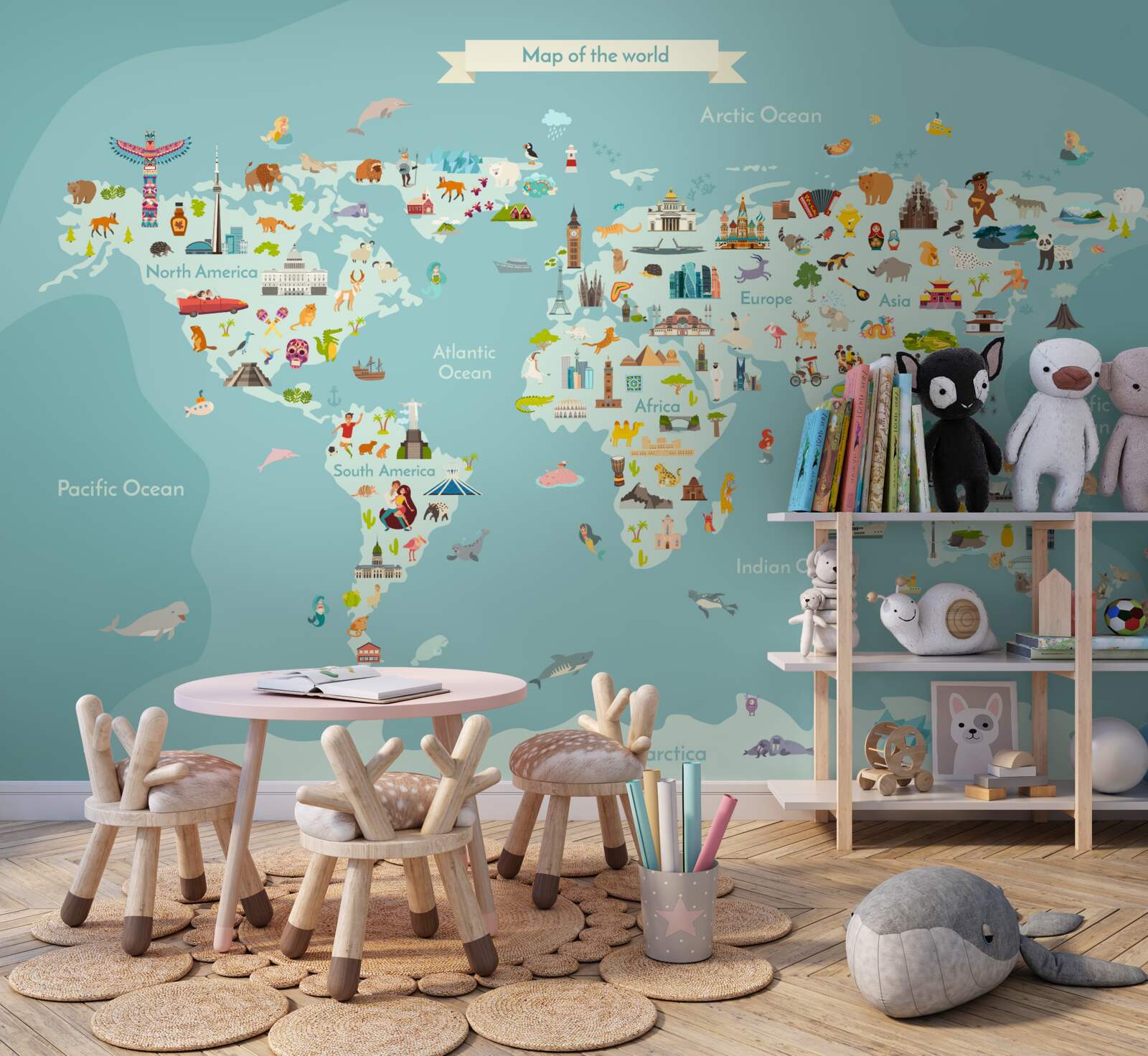 Fotobehang wereldkaart met gemarkeerde oriëntatiepunten