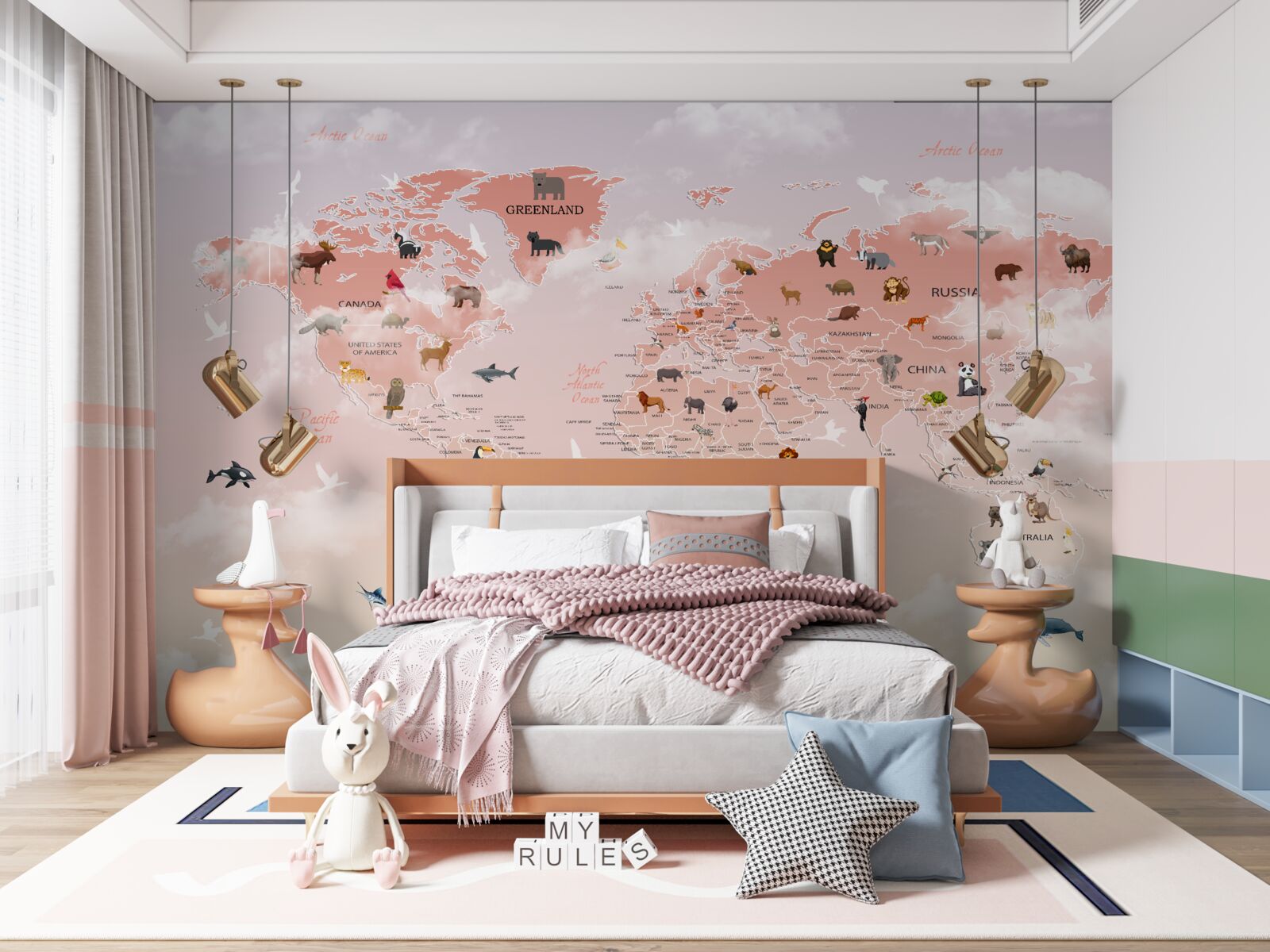 Fotobehang roze wereldkaart met afbeeldingen en namen van dieren