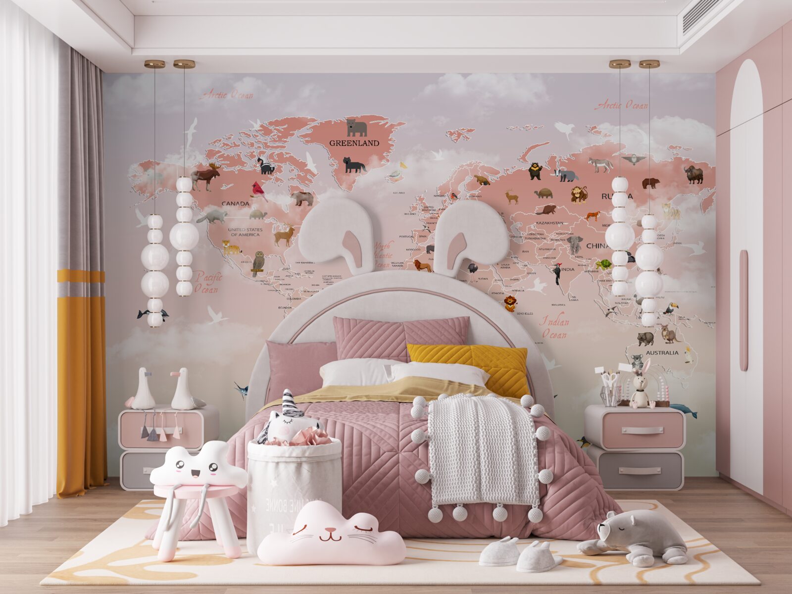 Fotobehang roze wereldkaart met afbeeldingen en namen van dieren