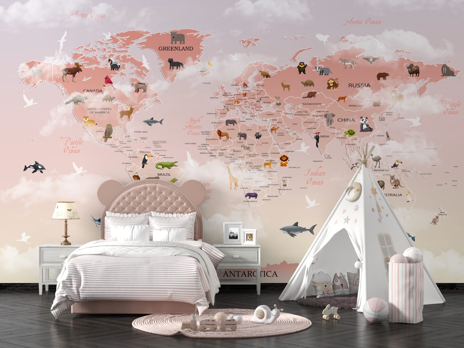 Fotobehang roze wereldkaart met afbeeldingen en namen van dieren