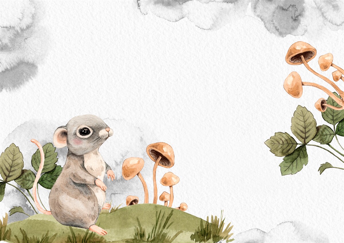 Fotobehang Muis probeert een manier te vinden om een paddenstoel te krijgen