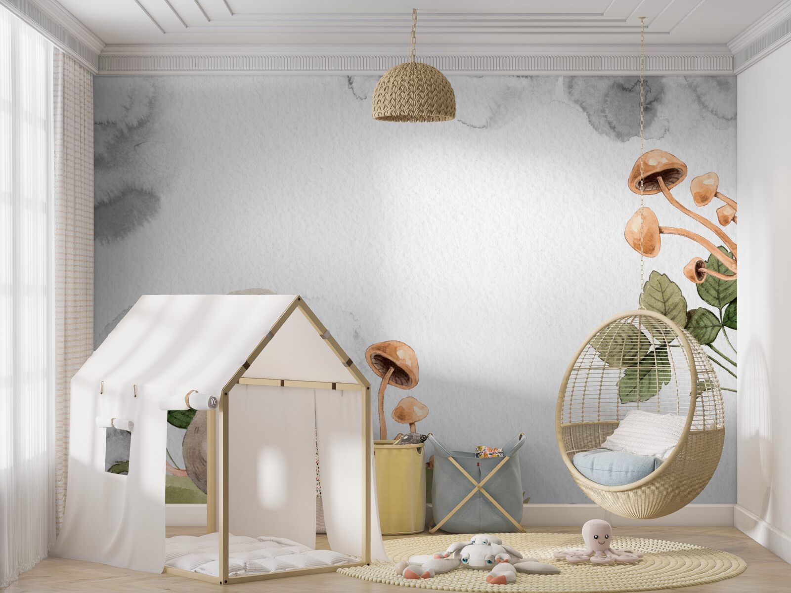 Fotobehang Muis probeert een manier te vinden om een paddenstoel te krijgen