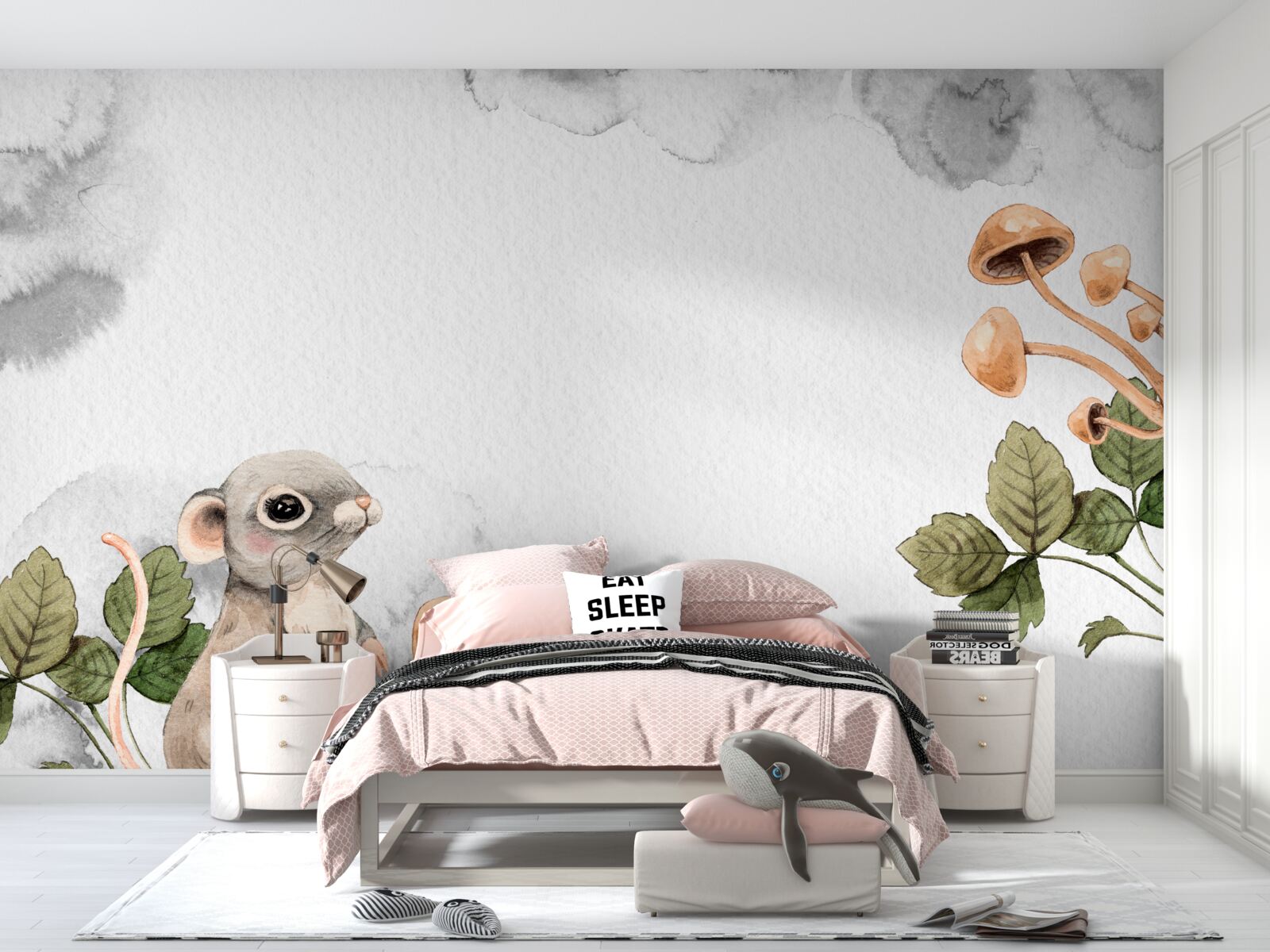 Fotobehang Muis probeert een manier te vinden om een paddenstoel te krijgen