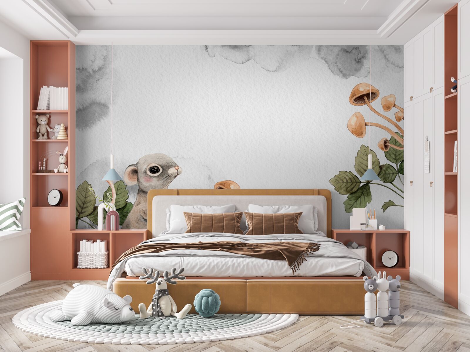 Fotobehang Muis probeert een manier te vinden om een paddenstoel te krijgen