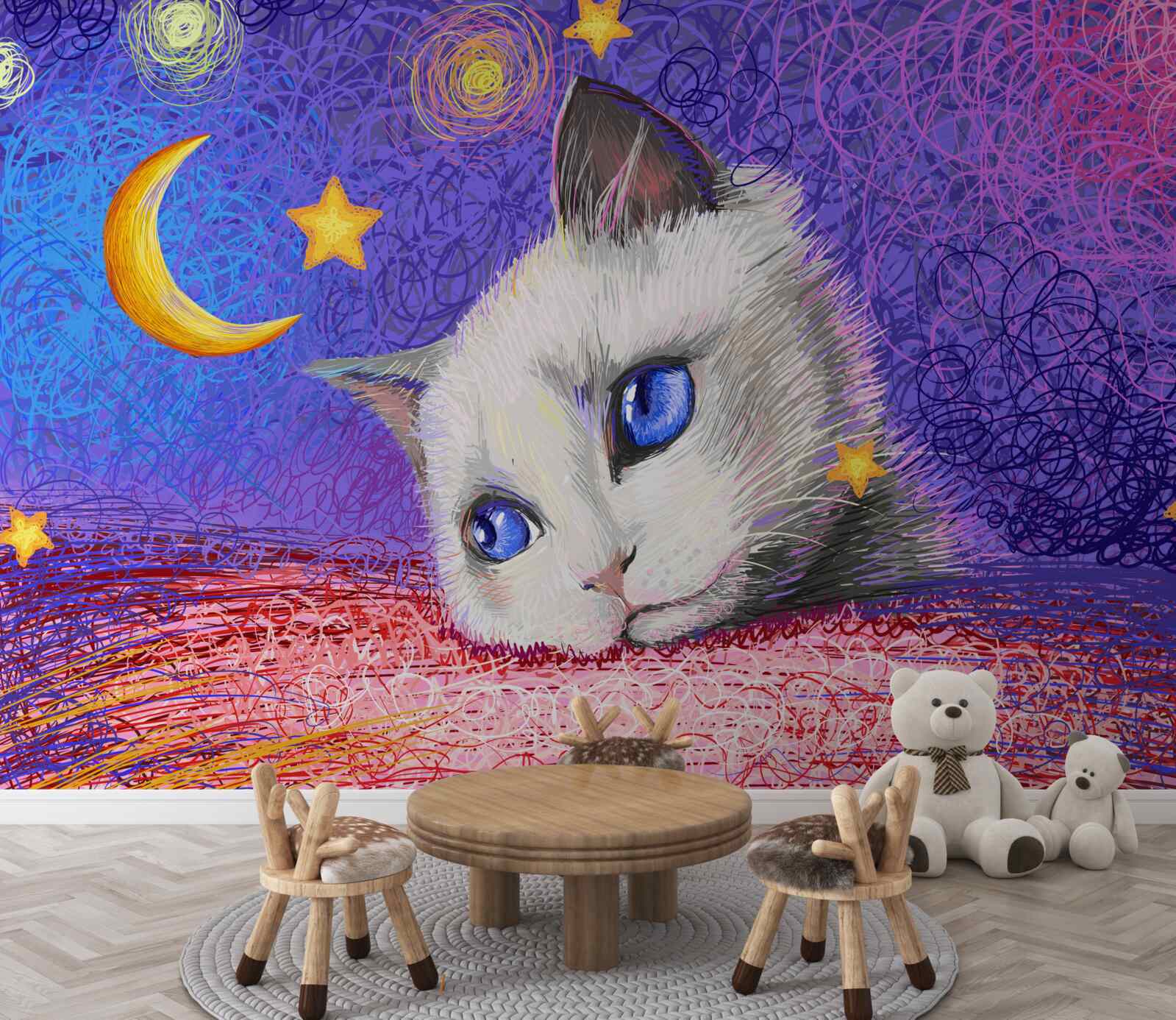 Fotobehang schattige kat kijkt naar de maan