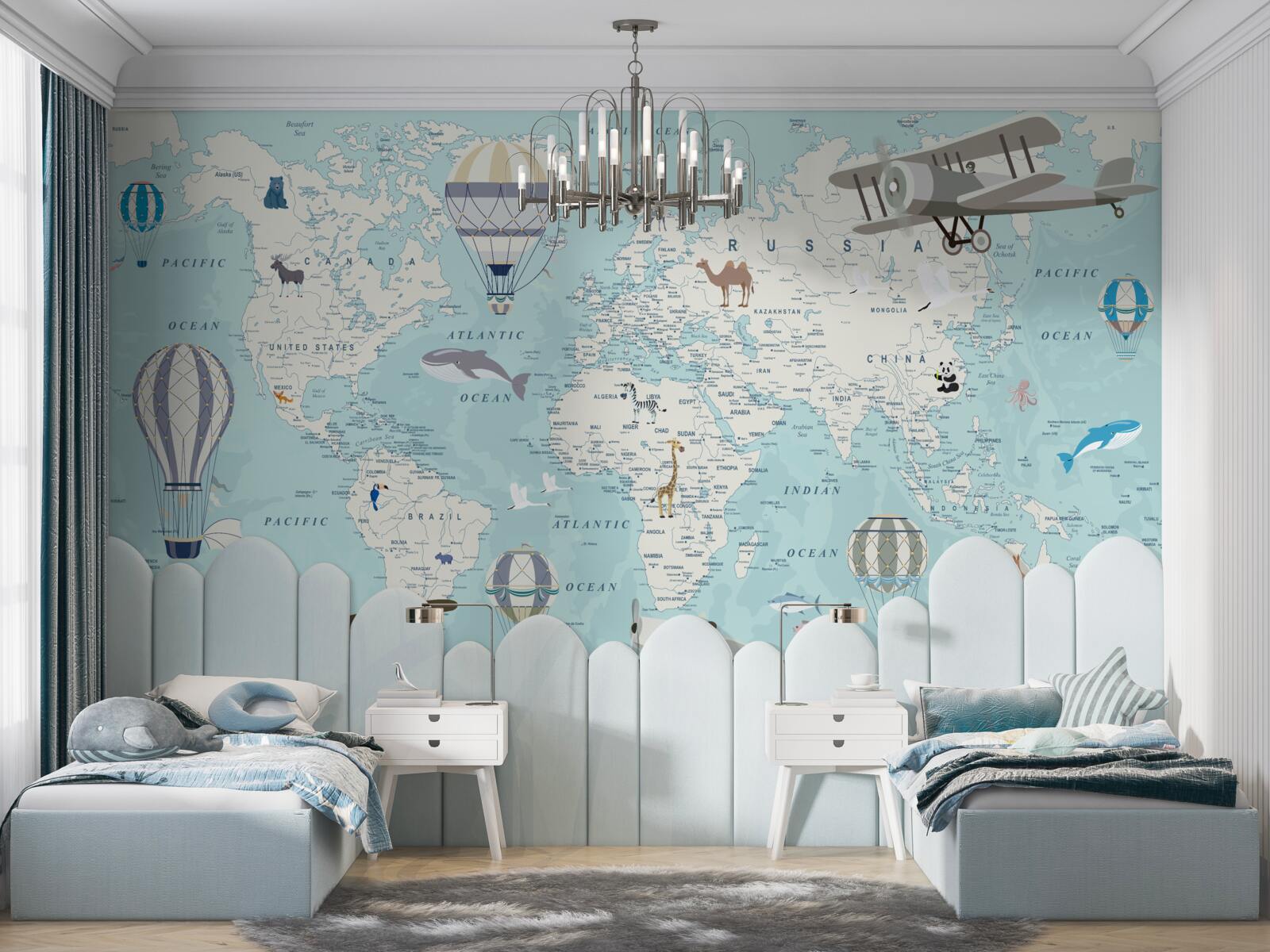 Fotobehang gedetailleerde wereldkaart met ballonnen en vliegtuigen
