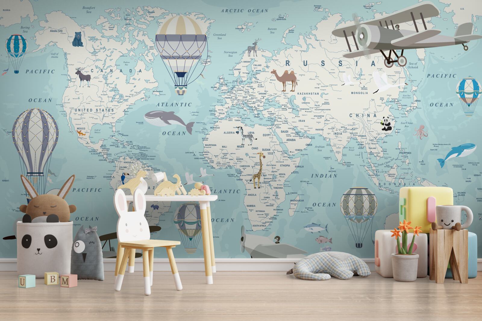 Fotobehang gedetailleerde wereldkaart met ballonnen en vliegtuigen