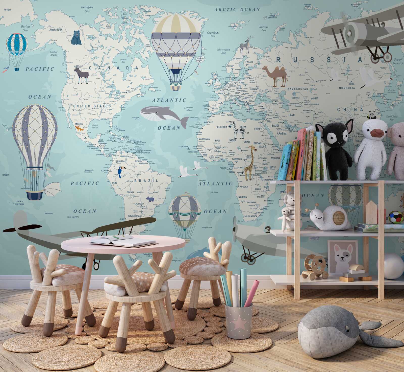 Fotobehang gedetailleerde wereldkaart met ballonnen en vliegtuigen
