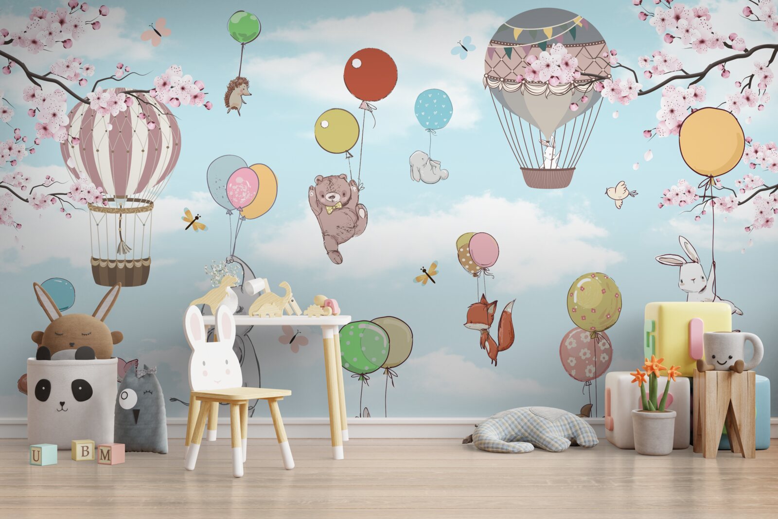 Fotobehang reizen in heteluchtballonnen met afbeeldingen van dieren