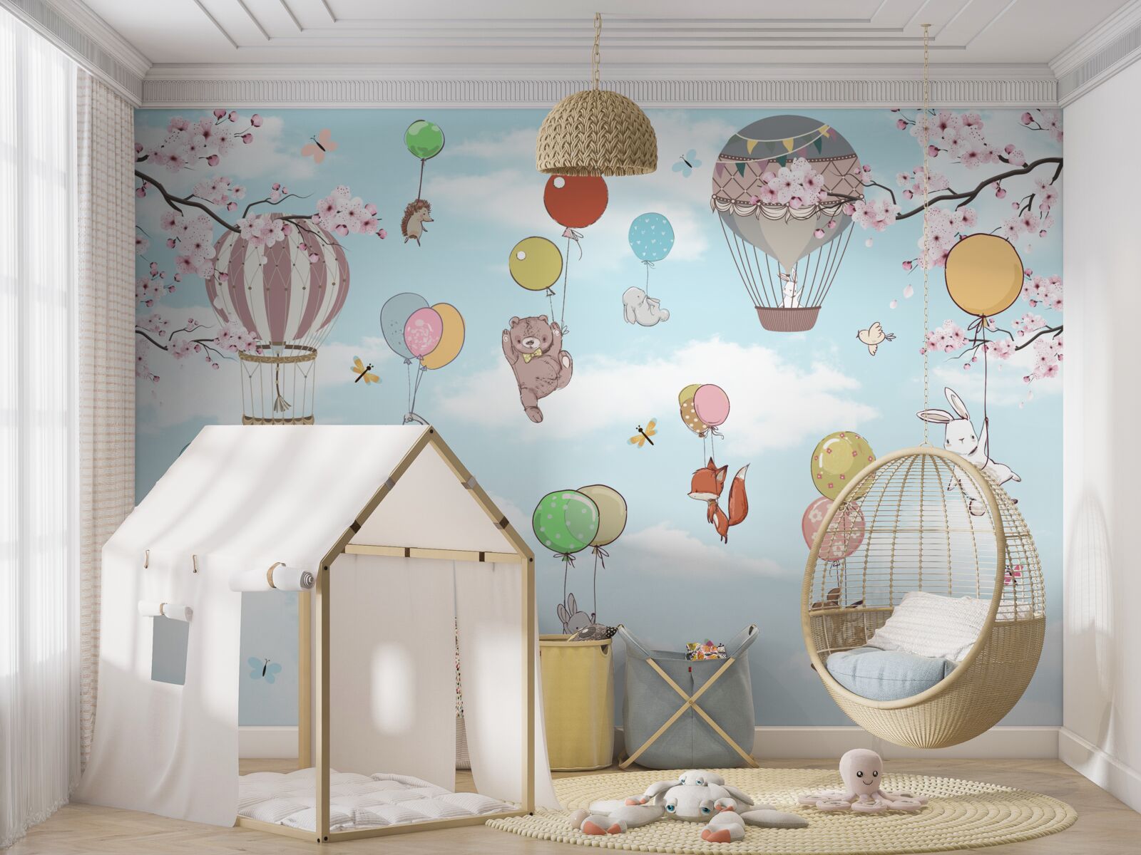 Fotobehang reizen in heteluchtballonnen met afbeeldingen van dieren