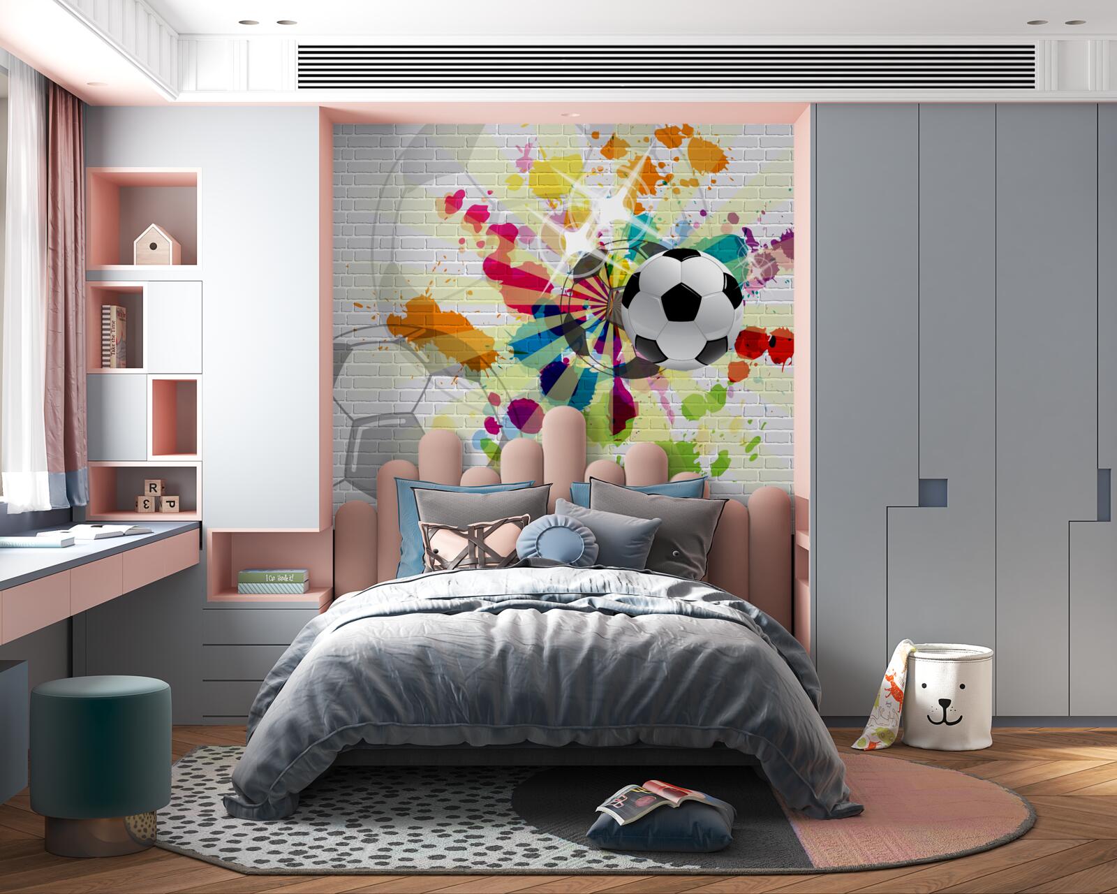 Fotobehang een foto van een voetbal in bloemen hangt aan de muur