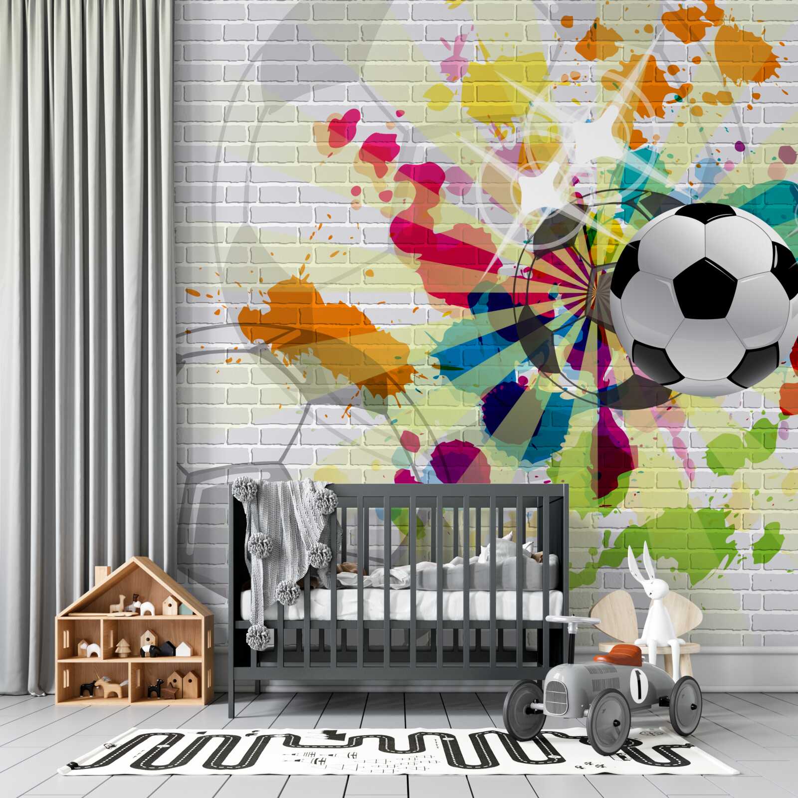 Fotobehang een foto van een voetbal in bloemen hangt aan de muur