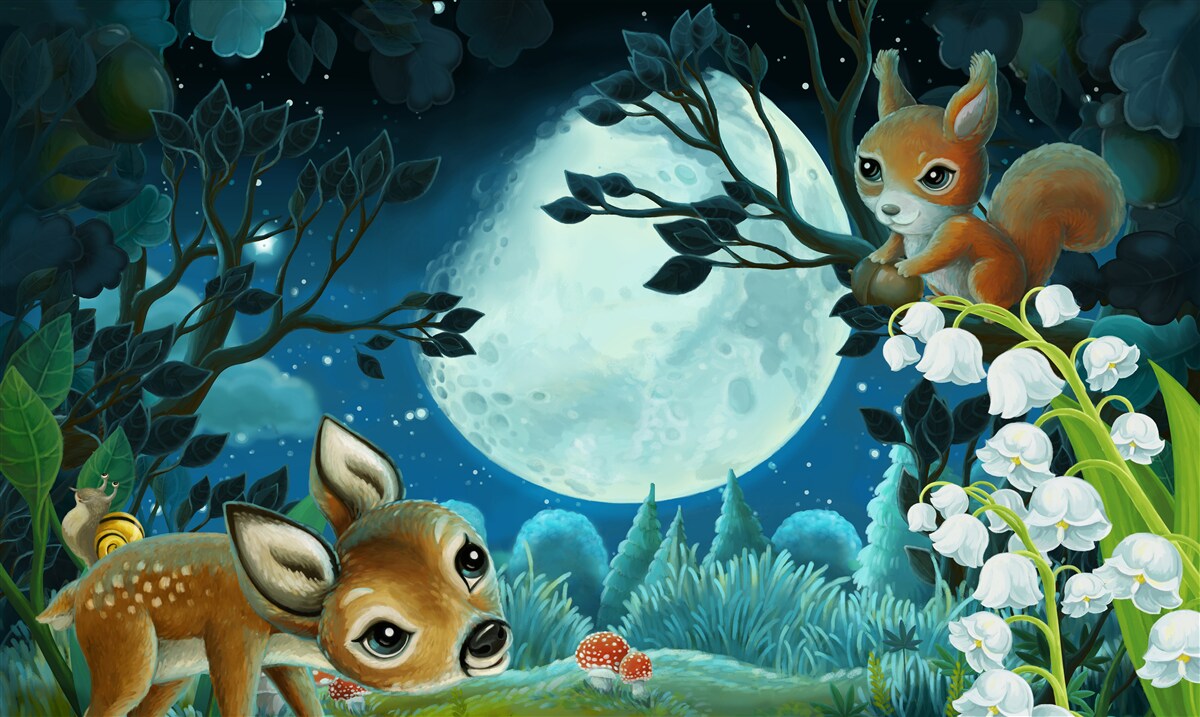 Fotobehang hert wenst eekhoorn een goede nacht