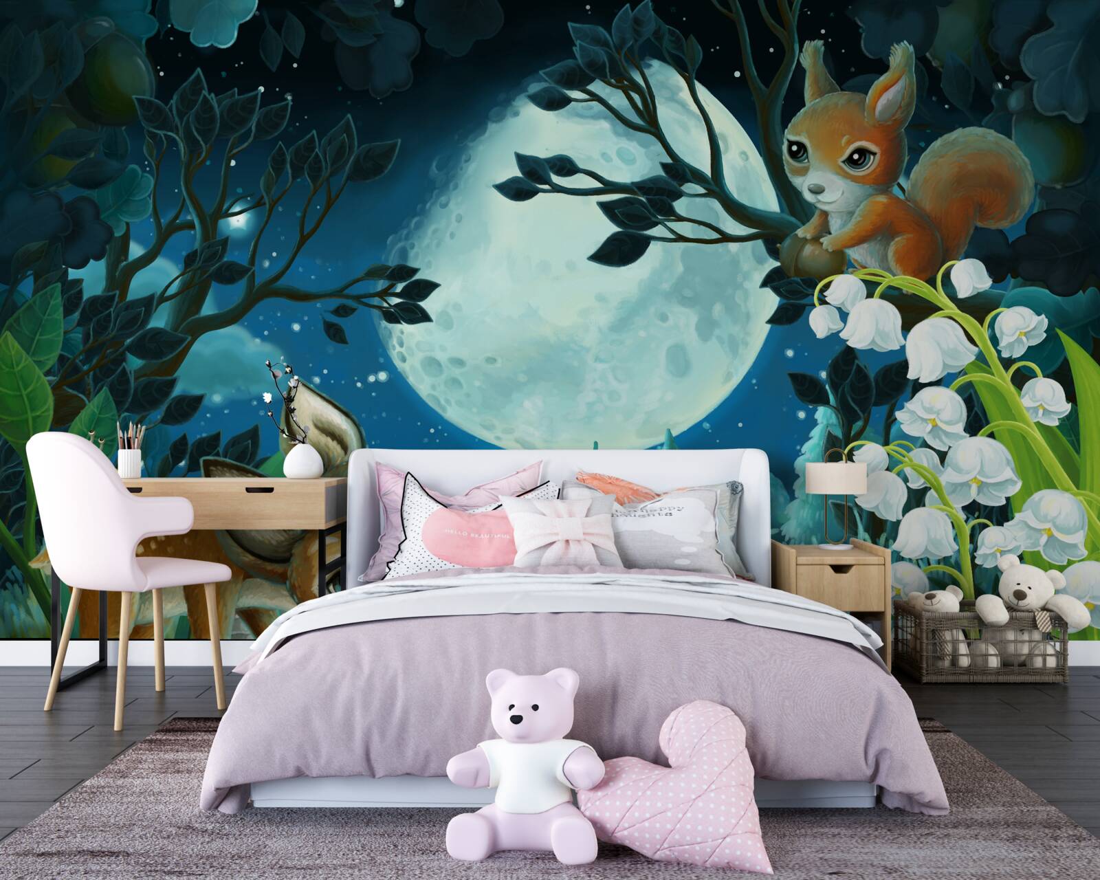 Fotobehang hert wenst eekhoorn een goede nacht