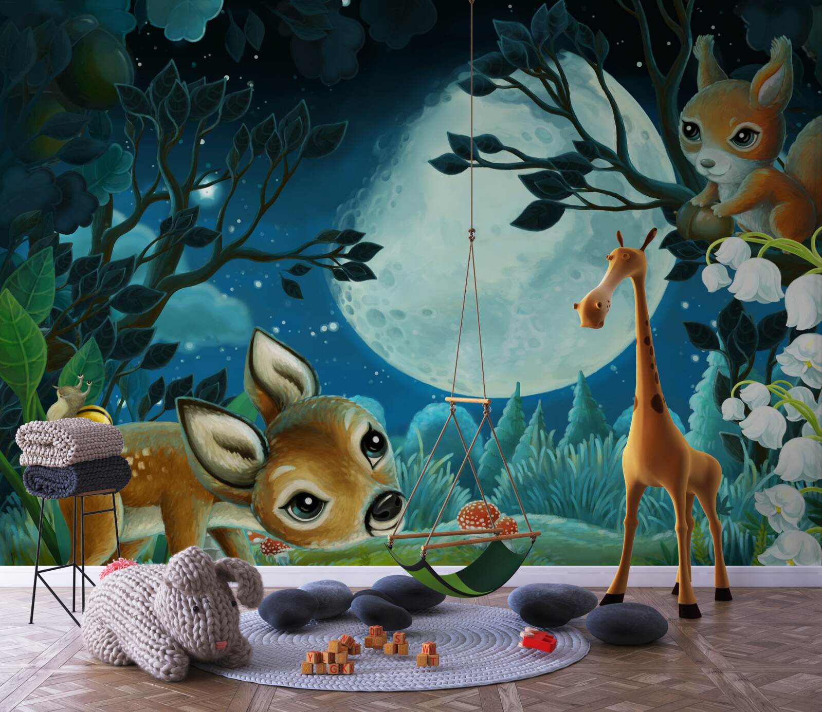 Fotobehang hert wenst eekhoorn een goede nacht