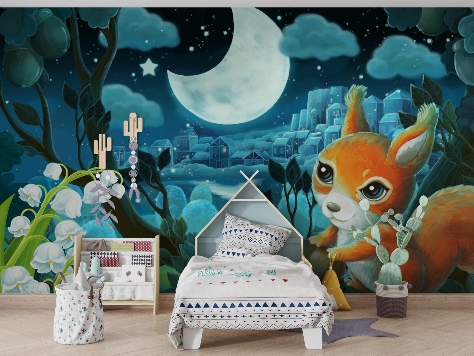 Fotobehang eekhoorn bewondert de maan die over de stad schijnt